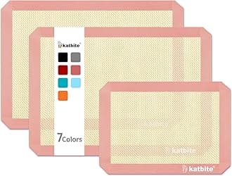 Katbite Silicone Baking Mat Colorful Collection - Set of 3: 2 Half Sheets Mats (11 5/8" x 16 1/2") + 1 Quarter Baking Sheet, Reusable & Nonstick Bakeware Mats for Cookies, Macarons, Bread (Pink)