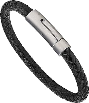 LUXAR Men’s Genuine Leather Bracelet | Interwoven Black Leather Bracelets with Brush Stainless Steel Clasp | Minimalist, Designer Jewelry for Men (Silver Round, Medium)