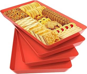 4 pcs Serving Tray for Entertaining, Serving Platters for Snacks, Fruit, Cookies, Dessert, Reusable Plastic Trays for Serving Food and Pantry Organization in Kitchen & for Parties, (Red)