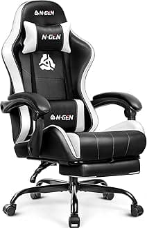 Video Gaming Chair with Footrest Lumbar Support for Home Office High Back Recliner Height Adjustable Ergonomic Comfy Leather Computer Desk Chair (White)