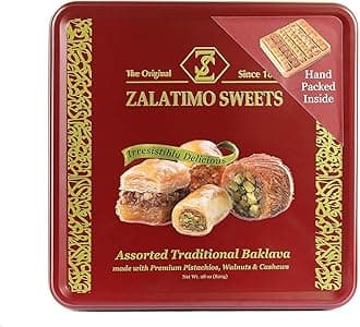 Zalatimo Sweets Since 1860 Middle Eastern Assorted Baklava 1.8lb - Handmade Mediterranean Sweets square Metal Gift Tin - No Syrup,or Additives - Ramadan, Christmas, Birthdays, Weddings, Holidays