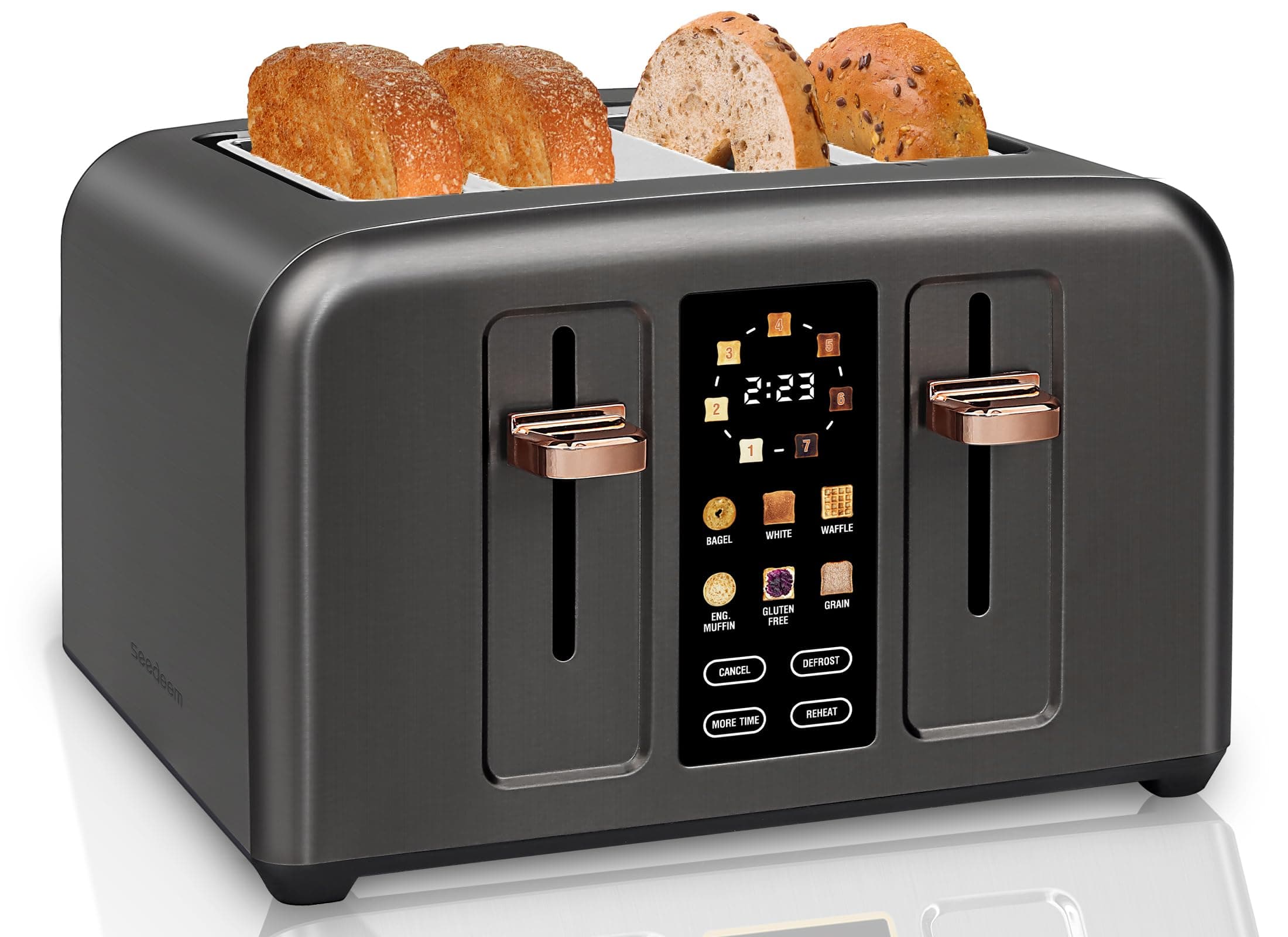 SEEDEEM Toaster 4 Slice, Full Touch control Toaster, LCD Display, 6 Bread Type, 7 Shade Settings, 1.4''Wide Slots,More Time Function, Removable Crumb Tray, 1800W, Dark Metallic