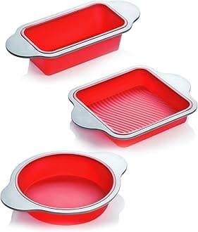 - Boxiki Kitchen Silicone Baking Pans Set. 3 PCS Professional Non-Stick Baking Cake Pans Set includes Silicone Round Cake Pan, Square Cake Pan and Bread Loaf Pan.