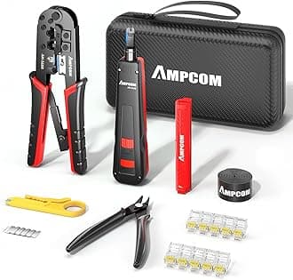 AMPCOM Ethernet Crimping Tool Kit 7-in-1 RJ45/RJ11 Network Tool Kit for Cat6/Cat5e/Cat5 RJ45 Connectors with 110 Punch Down Tool Wire Stripper in Portable Waterproof Bag