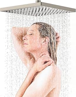 HibbentThickness Metal Rain Shower Head, 12 Inch High Pressure Shower Heads, Square Large Bathroom Rainfall Shower Head with Adjustable Brass Ball Joint, Waterfall Full Body Coverage, Brushed Nickel