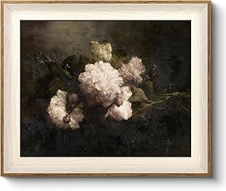 VIYYIEA Wide Framed Vintage White Peonies Floral Still Life Wall Art | Elegant Antique Aesthetic Home Decor | Canvas Painting for Bedroom, Living Room, or Office | 10x12 Inch