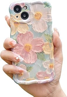 Cute Case for iPhone 14, Colorful Retro Oil Painting Printed Flowers Case, Fashion TPU Floral Laser Beam Glossy Pattern Curly Waves Frame Shockproof Protective Case Cover for Girls Women