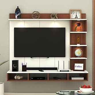 - Anikaa Kirina Engineered Wood Wall-Mount TV Unit with PVC Back Panel & LED Lights | TV Cabinet with Storage Box & Decorative Shelves (Walnut/White) ? Ideal for TVs up to 40 Inch | DIY Installation