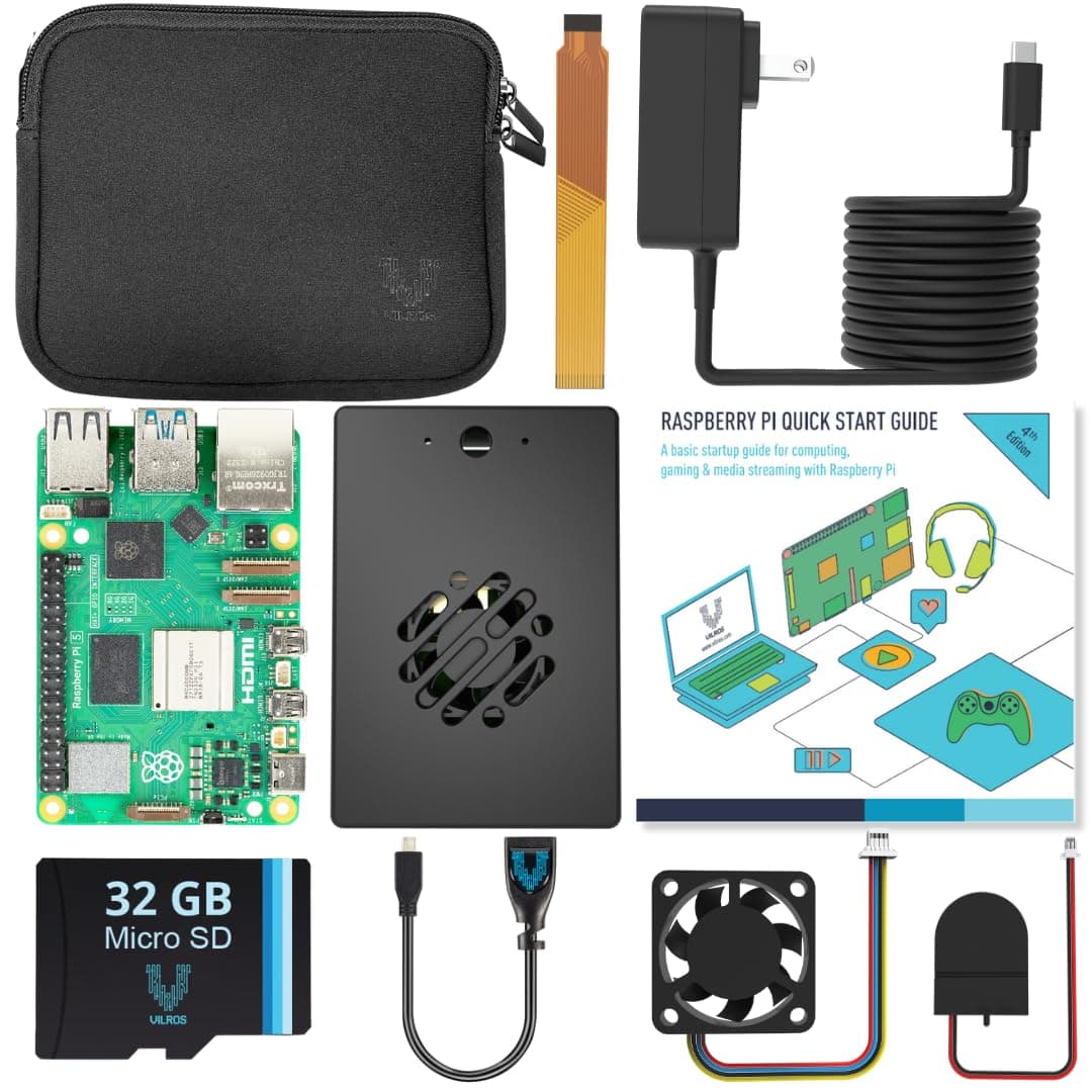 Raspberry Pi 5 (8GB) Basic Starter Kit with Aluminum Passive+Active Cooling Case-Includes Pi 5 Board, Case, Power Supply, 32GB Preloaded SD Card, HDMI Adapter & More