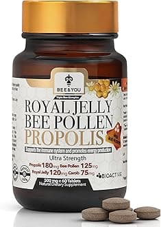 – Bee and You Royal Jelly Tablets with Propolis Extract, Bee Pollen, Vitamins and Minerals Supplement, Daily Immune and Energy Support, Gluten Free, 60 Count