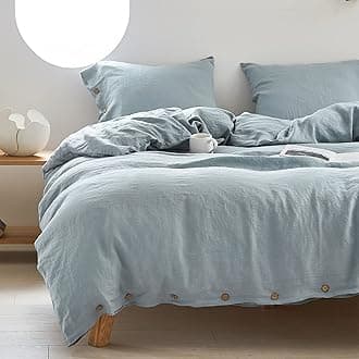 Simple&Opulence 100% Linen Duvet Cover Set with Coconut Button Closure Washed - 2 Pieces (1 Duvet Cover & 1 Pillowcase) Soft Breathable Farmhouse - Dusty Blue, Twin Size
