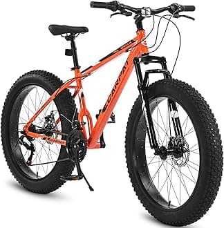 KWOJU 26 Inch Fat Tire Bike Adult/Youth Full 21 Speed Mountain Bike, Dual Disc Brake, High-Carbon Steel Frame, Front Suspension, Mountain Trail Bike, Urban Commuter City Bicycle