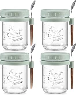 LANDNEOO 4 Pack Overnight Oats Containers with Lids and Spoons, 16 oz Glass Mason Jars with Airtight Lids, Overnight Oats Jars for Milk, Cereal, Fruit-Green