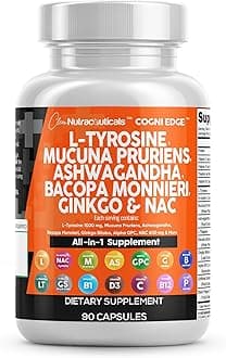 Clean NutraceuticalsL Tyrosine 1000mg Mucuna Pruriens 6000mg Bacopa Monnieri 500mg Ashwagandha 4000mg Focus Supplement w/N-Acetyl Cysteine 600mg NAC 5-HTP Ginkgo Biloba Alpha GPC Vitamin C D B1 B12