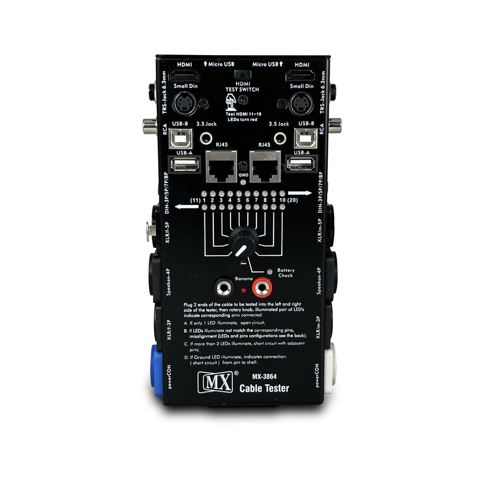 MX Multi‑Function Cable Tester & Line Finder – 15‑Way Switch LED Indicators for USB, RJ45, XLR, HDMI, RCA Cables – Wire Tracker & Checker Tool