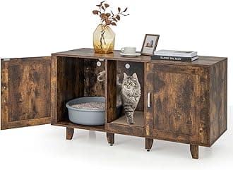 GYMAX 2-Door Cat Litter Box Enclosure, Large Stackable Hidden Privacy Kitty Washroom Furniture Cabinet with Winding Entry and Scratching Board, Indoor Cat House TV Stand Side Table (Industrial Brown)