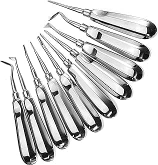 DEXA DENTAL Root Elevator Set – Luxating Periotome, Apical Molt Osteotome, Root Extraction Instruments, Professional Oral Implant Tools - 10 Pcs