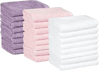Amazon Basics Highly Absorbent, Fast Drying 100% Cotton Washcloths for Bathroom and Face, Machine Washable, 12 x 12 in, Petal Pink, Lavender, White, 24-Pack
