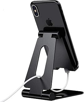 ELV Aluminum Adjustable Mobile Phone Foldable Holder Tabletop Stand, Dock Mount for All Smartphones, Tabs, Kindle, iPad (Black)