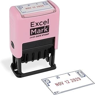 ExcelMark 2445 Date Stamp with Text - Blue and Red Ink (Pink Mount, Paid)
