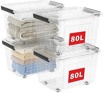 Cetomo 80L*4 Plastic Storage Boxes with Wheels, Lidded Storage Box with Secure Side Latches, PP Nestable and Stackable Clear Organizer for Home, Office, Moving, Transparent, 80L-4 Pack