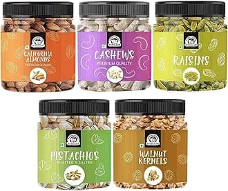 Wonderland Foods 1Kg (200g X 5) Premium Daily Needs Fresh and Healthy Mixed Dry Fruits Combo Pack of NP Almonds, Cashews W320, Long Green Raisin, Pistacho & Walnut Halves Kernels Combo Pack Jar