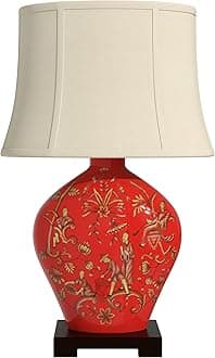 Oriental Furniture 27" Fruitful Harvest Porcelain Lamp, Red