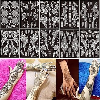 10 Sheets Henna Tattoo Stencils 10 Pair Arm Hand Henna Tattoo Template Temporary Indian Arabian Glitter Airbrush Tattoo Stickers for Face Body Paint DIY (Black-1)