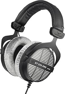 beyerdynamic DT 990 PRO, 80 Ohm, Open Back, Over Ear, Wired Professional Studio Headphones, Gaming, Podcast, Audiophile, Mixing, 3m Straight Cable, Black with Gray Velour Ear Pads