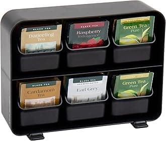 Mind Reader Tea Bag Organizer, Tea Station Organizer, Countertop Storage, Kitchen, Plastic, 10.25"L x 3.25"W x 7.75"H, Black