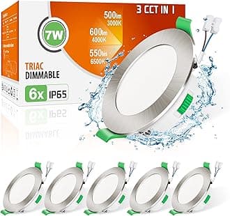 ALUSSO LED Recessed Spotlight Extra Flat 7 W LED Spotlights 3000 K 4000 K 6500 K Adjustable Waterproof IP65 Recessed Spotlight for Bathroom, Living Room, Cut-Out 68 mm, Nickel, Pack of 6