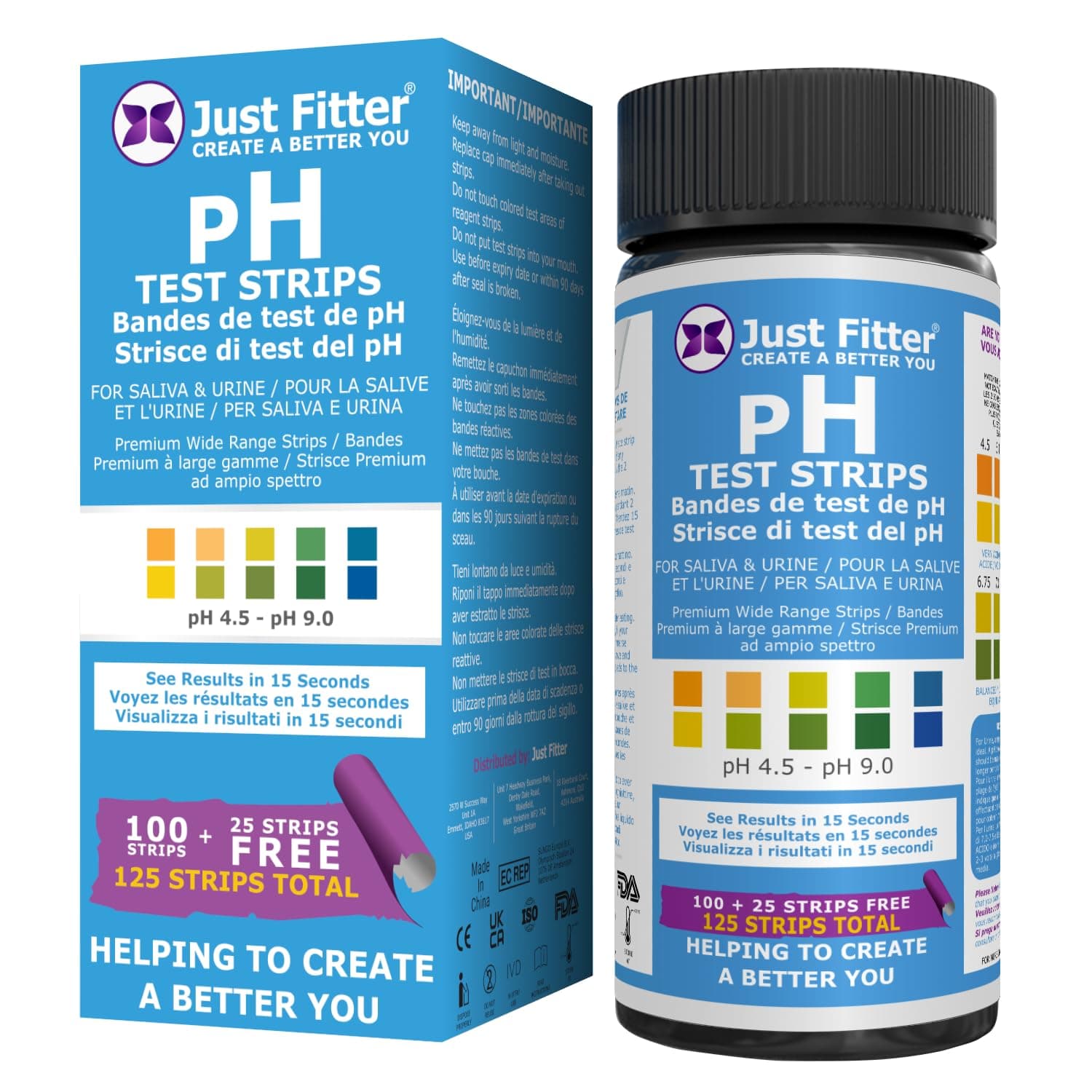 pH Test Strips for Testing Alkaline and Acid Levels in The Body. Track & Monitor Your pH Level Using Saliva and Urine. Get Highly Accurate Results in Seconds. 125 Strips per Bottle (100 + 25 Free).