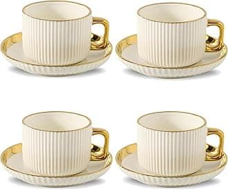 LETAOTAO Cappuccino Cups with Saucers, 8oz Ceramic Coffee Cups with Saucers Set, Latte Art Coffee Mugs with Gold Trim, Tea Cups Set of 4, British/Italian Coffee cups for Cafe Mocha, Double Espresso