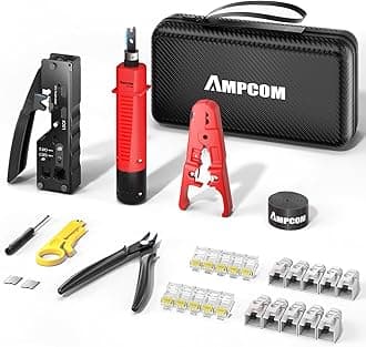 AMPCOM Ethernet Crimping Tool Kit 9-in-1 Pass Through RJ45/RJ11 Network Tool Kit for STP Cat7/6A UTP Cat6/5E/5 RJ45 Connectors with 110 Punch Down Tool Wire Stripper in Portable Waterproof Bag