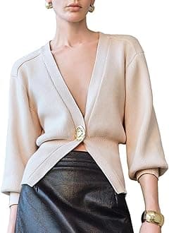 URBAN REVIVO Women Knitted Cardigans Long Sleeve V-Neck Lightweight Sweater One Leaf Button Down Outwear