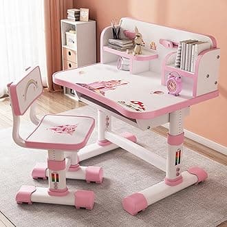 Kids Functional Desk,Scientific Separation, Children School Study Table Chair Set with Cartoon Pattern, Ergonomic Desk Chair with Large Writing Board Pink, 3888047