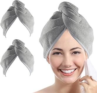 YoulerTex Microfiber Hair Towel Wrap for Women, 2 Pack 10 inch X 26 inch, Super Absorbent Quick Dry Hair Turban For Drying Curly, Long & Thick Hair (Gray)