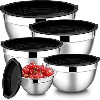 E-far Mixing Bowls with Lids Set of 5, Stainless Steel Black Mixing Bowls Metal Nesting Bowls with Airtight Lids for Cooking, Baking, Serving, Storage - Size 0.7/1/1.5/3/4.6QT - Dishwasher Safe