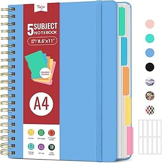 Hardcover Spiral Journal Notebooks for Work With Removable Dividers & Tabs, 8.5"x11" 5 Subject Notebook for Note Taking & Organizer, A4 College Ruled Lined Journal for Women & Writing, Mist, 280 Pages