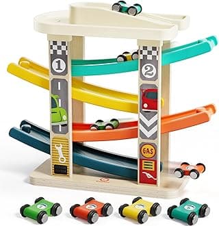 TOP Bright Toddler Wooden Race Track Car Ramp Toys for 1 2 Year Old Baby Motor Skills Race Tracks Car Ramp Vehicle Playsets with 4 Mini Cars and 1 Car Garage