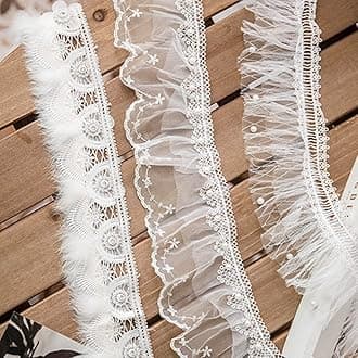 BETITETO 3 Yards White Ruffles Beads Lace Trim Pleated Pearl Organza Tulle Fabric Frills Ribbon for Sewing Clothing Curtains Wedding Decor Dress Designing and Crafts DIY (White-Off 3 Styles)