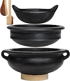Craftsman India Online Deep Burned Uncoated Clay Handi/Pot And Kadai For Cooking And Serving Combo 1, 1&2 Liter, Black