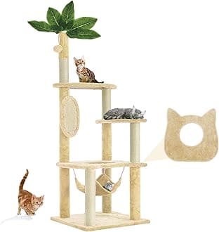 61" Large Cat Tree Tower for Indoor Cats with DIY Green Leaves Scratching Post Multi Soft Hang Ball Plush Cat House Furniture 360° Rotating Cat Scratch Board with Hammock, Beige
