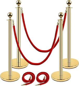 Gold Stanchion Post,38 Inch Stanchion Posts Queue with 5 ft/1.5 m Red Velvet Rope,Hollow Base and Ropes Safety Barriers Set,Crowd Control Barriers Queue Line Rope for Theater Party