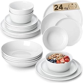 – 24 Piece Dinner Sets for 6 People, White Porcelain Crockery Set with Plates and Bowls, Chip & Scratch Resistant Ceramic Dinnerware Sets, Microwave and Dishwasher Safe, Lexi Series