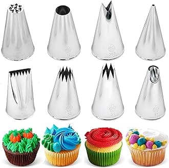 Set of 8 Professional Pastry Nozzles (#2, 32, 21, 12, 81,352, 133, and 48) for Pastry Sleeves - Decorating and Making Cupcakes, Cakes, Churros, Made in South Korea