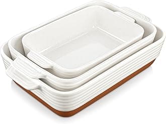 MALACASA Casserole Dishes for Oven, Ceramic Baking Dishes Set of 3, 1.45/2.7/3.8L Rectangular Baking Pan Set, Deep Lasagna Pan with Handles, Khaki White (14.5"/13"/10.5"), Series TARA