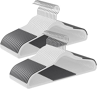 SONGMICS Clothes Hangers, Pack of 30 Plastic Coat Hangers, Non-Slip, Space-Saving, 0.2 Inches Thick, 17.7 Inches Long, 360° Swivel Hook, White and Dark Gray UCRP050W03