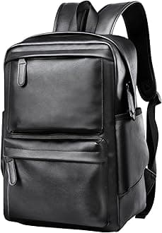 Black Leather Backpack, Large Capacity Carry On Back Pack Fits 15.6'' Laptop, Water-Resistant Overnight Rucksack for Travel Hiking Business Work PU Backpack