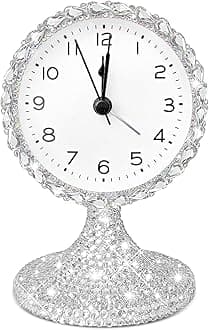Bling Vintage Table Clock on Stand, Decorative Desk and Shelf Clock,Non-Ticking Metal Frame with Glitter Rhinestones for Office, Living Room or Bedroom